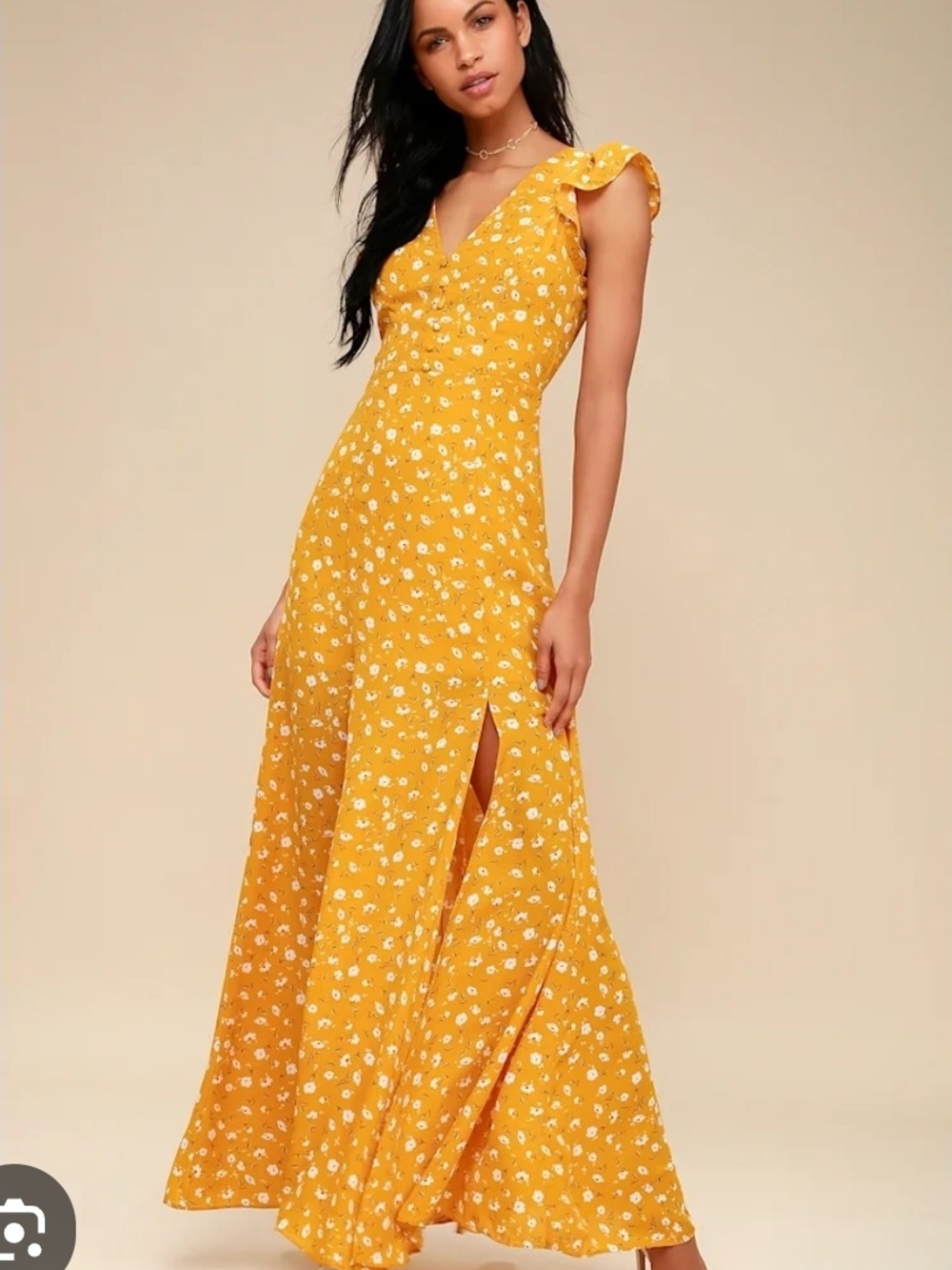 Lulu's Sunny Yellow Floral Maxi Dress with Ruffle Sleeves